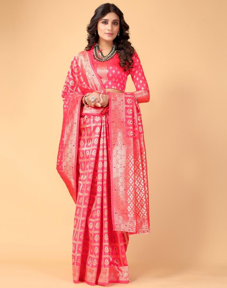 Neon Pink And Golden Silk Saree
