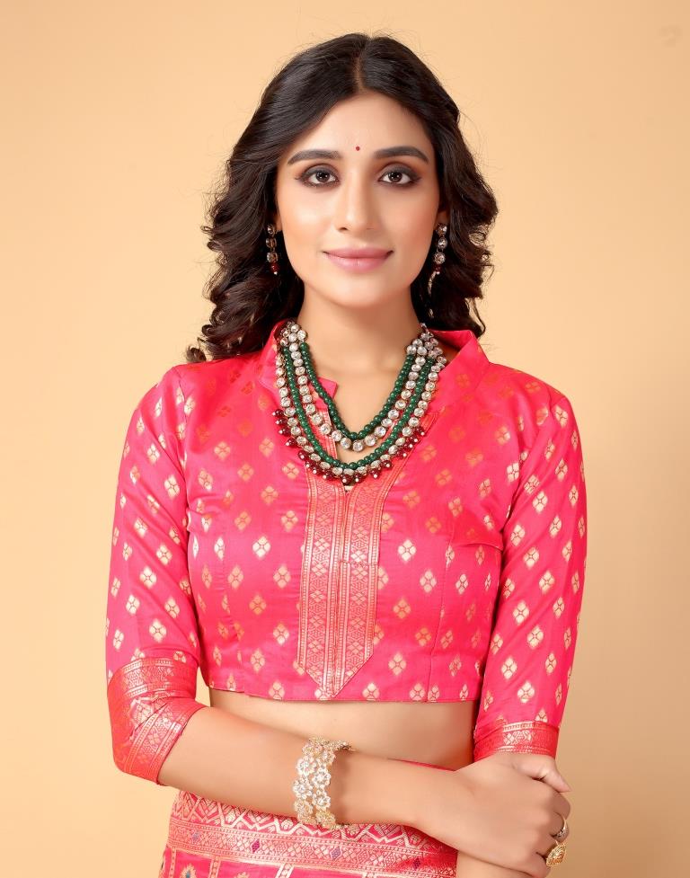 Neon Pink And Golden Silk Saree