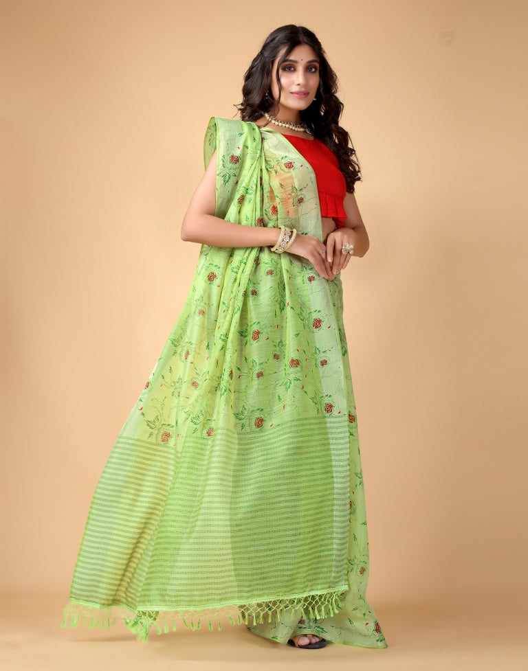 Parrot Green Floral Cotton Saree | SLV2366S234