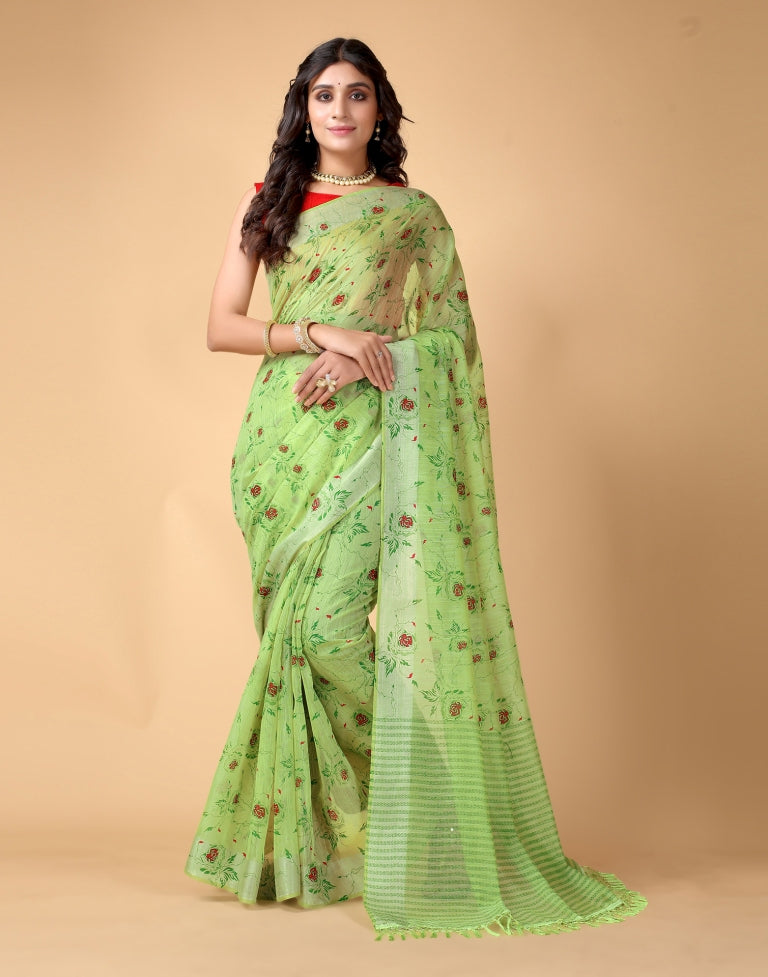 Parrot Green Floral Cotton Saree | SLV2366S234