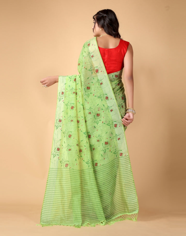 Parrot Green Floral Cotton Saree | SLV2366S234
