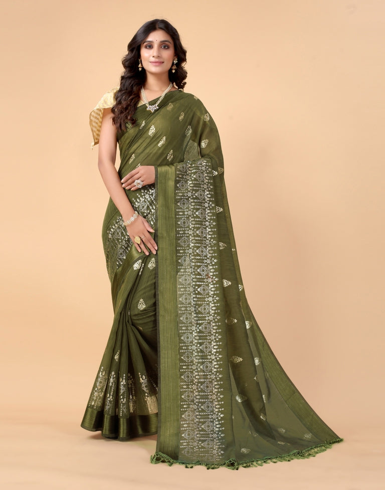 Dark Olive Green Cotton Saree | SLV2367S241