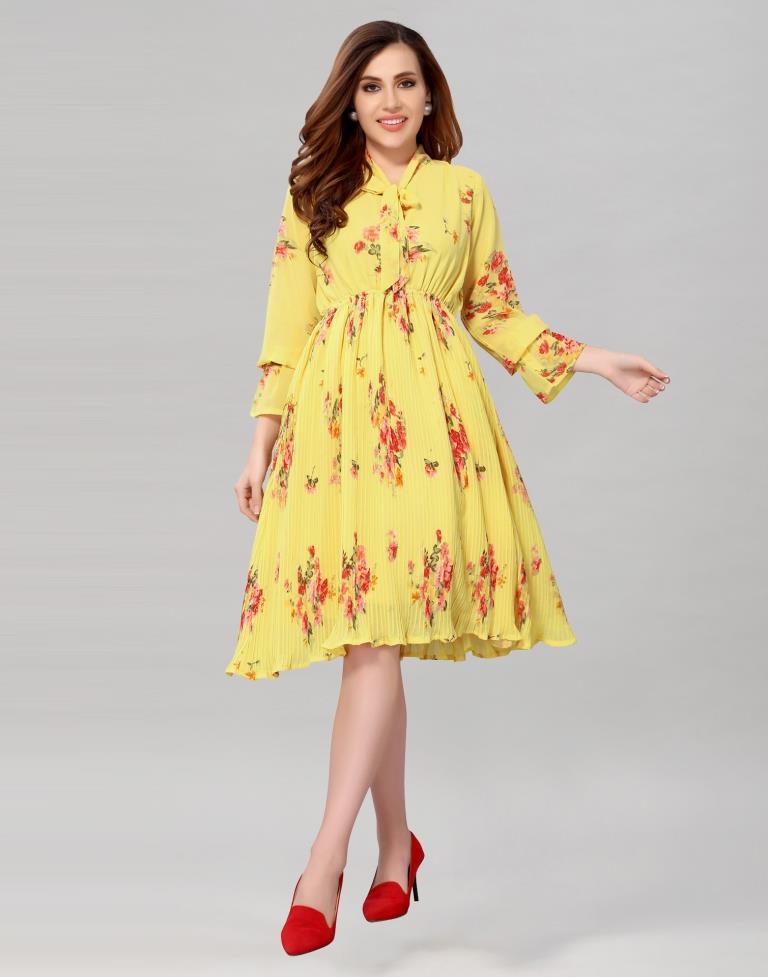 Light Yellow Coloured Chiffon Printed Dress | SLV236TK4065