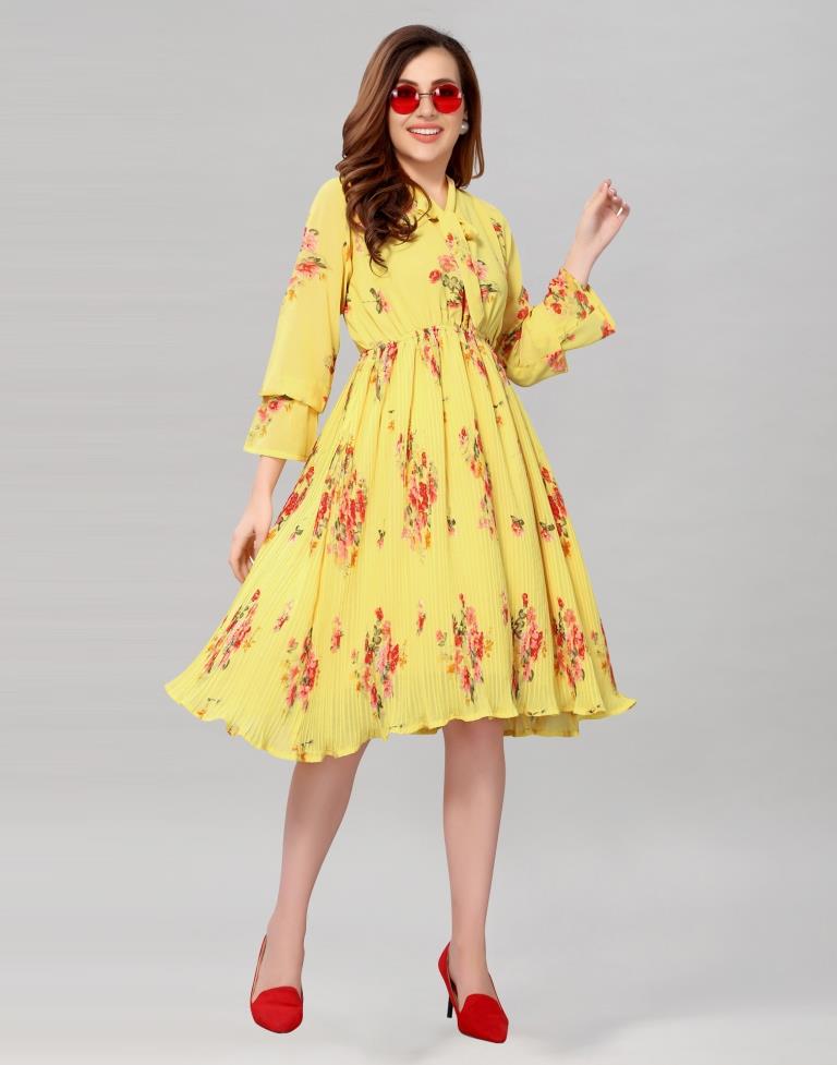 Light Yellow Coloured Chiffon Printed Dress | SLV236TK4065