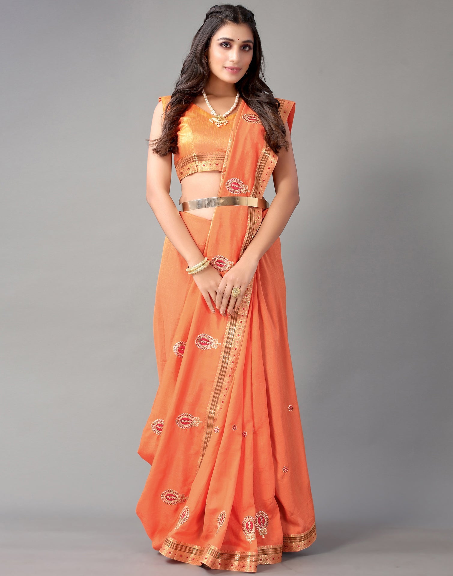 Light Orange Embroidery Saree