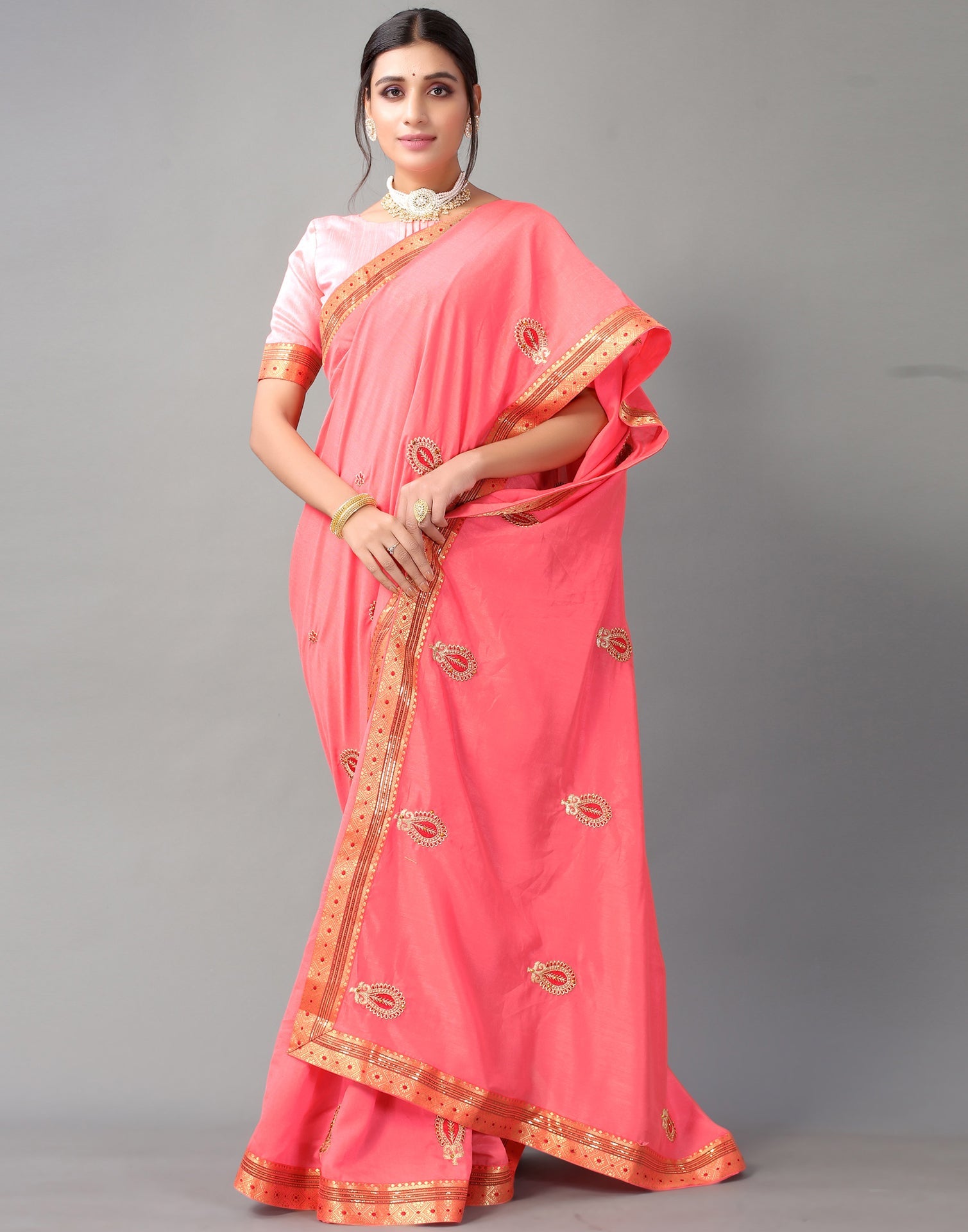 Rose Pink Embroidery Saree