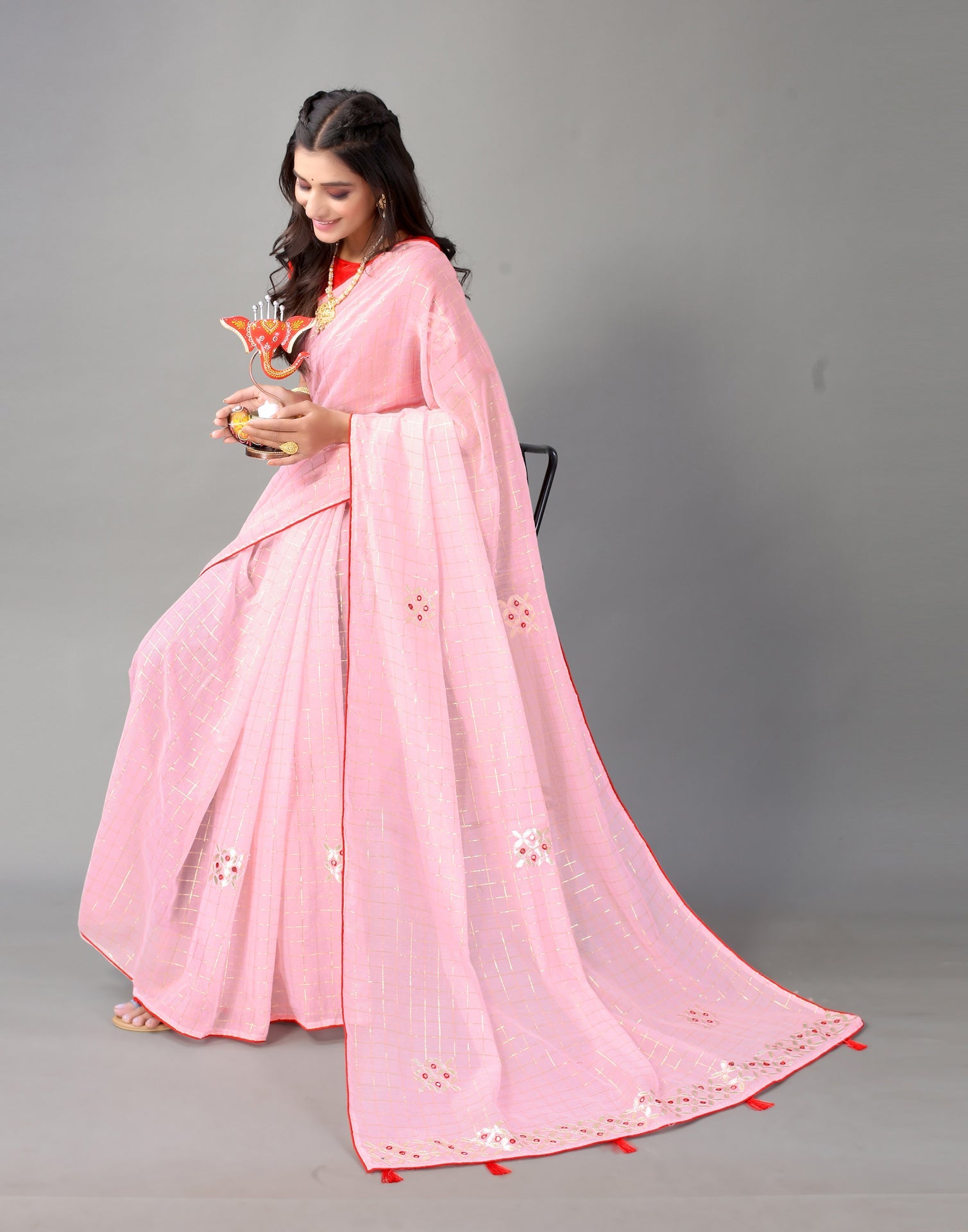 Light Pink Embroidery Cotton Saree
