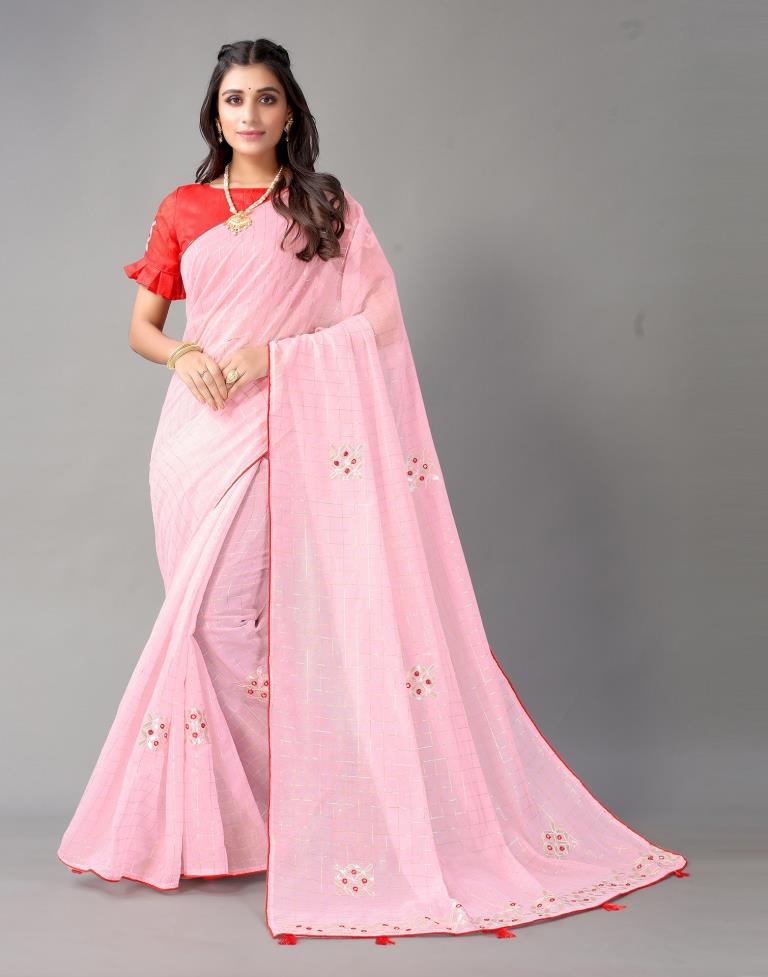 Light Pink Embroidery Cotton Saree