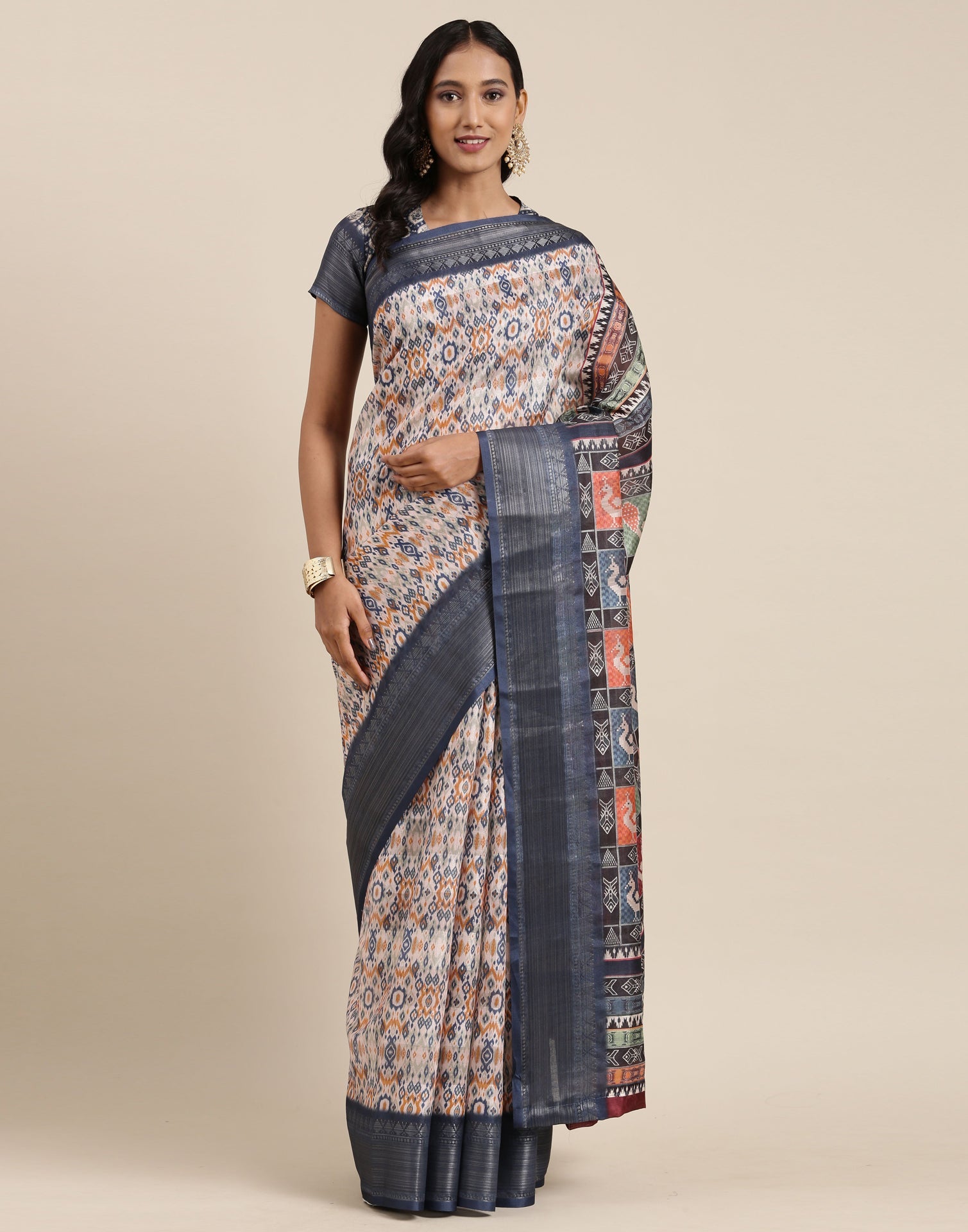 Cream And Blue Viscose Saree
