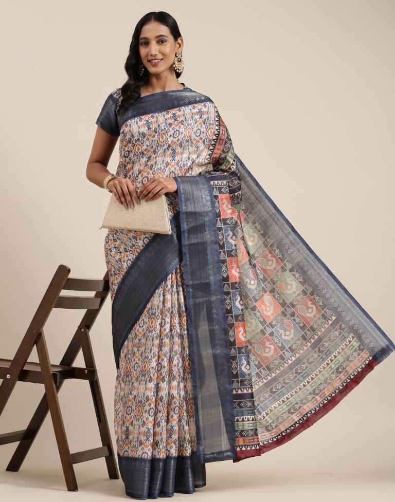 Cream And Blue Viscose Saree