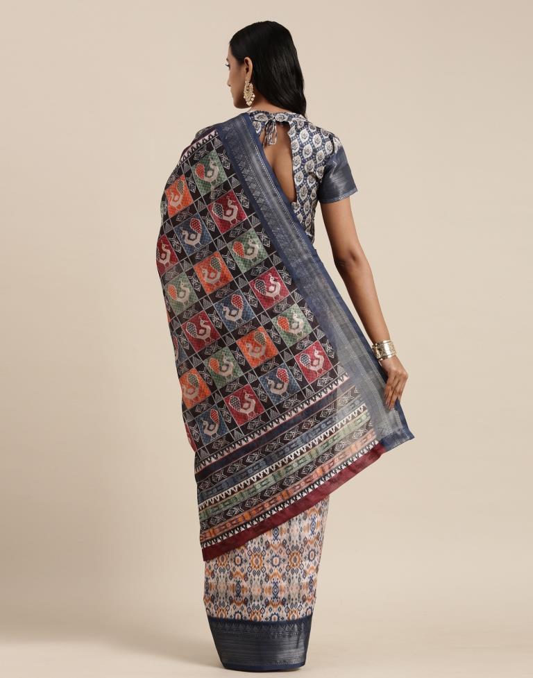 Cream And Blue Viscose Saree