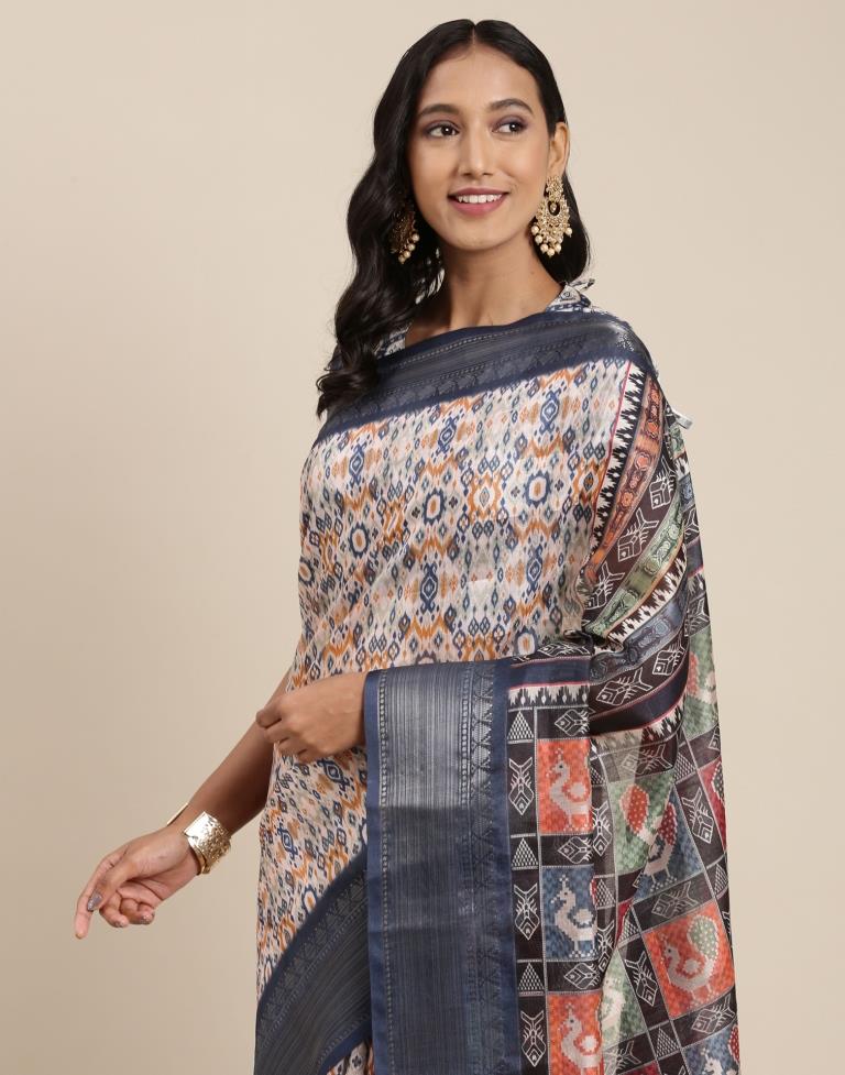 Cream And Blue Viscose Saree