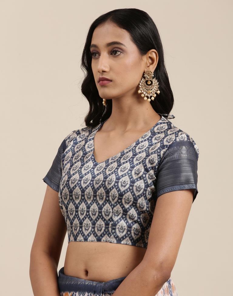Cream And Blue Viscose Saree