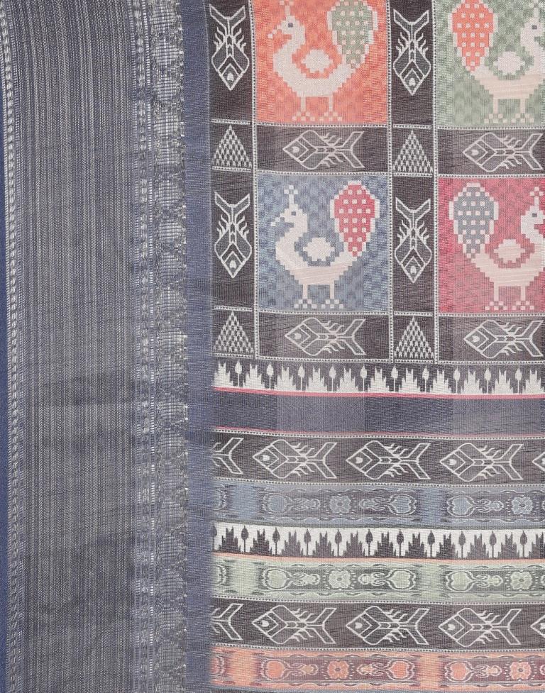 Cream And Blue Viscose Saree