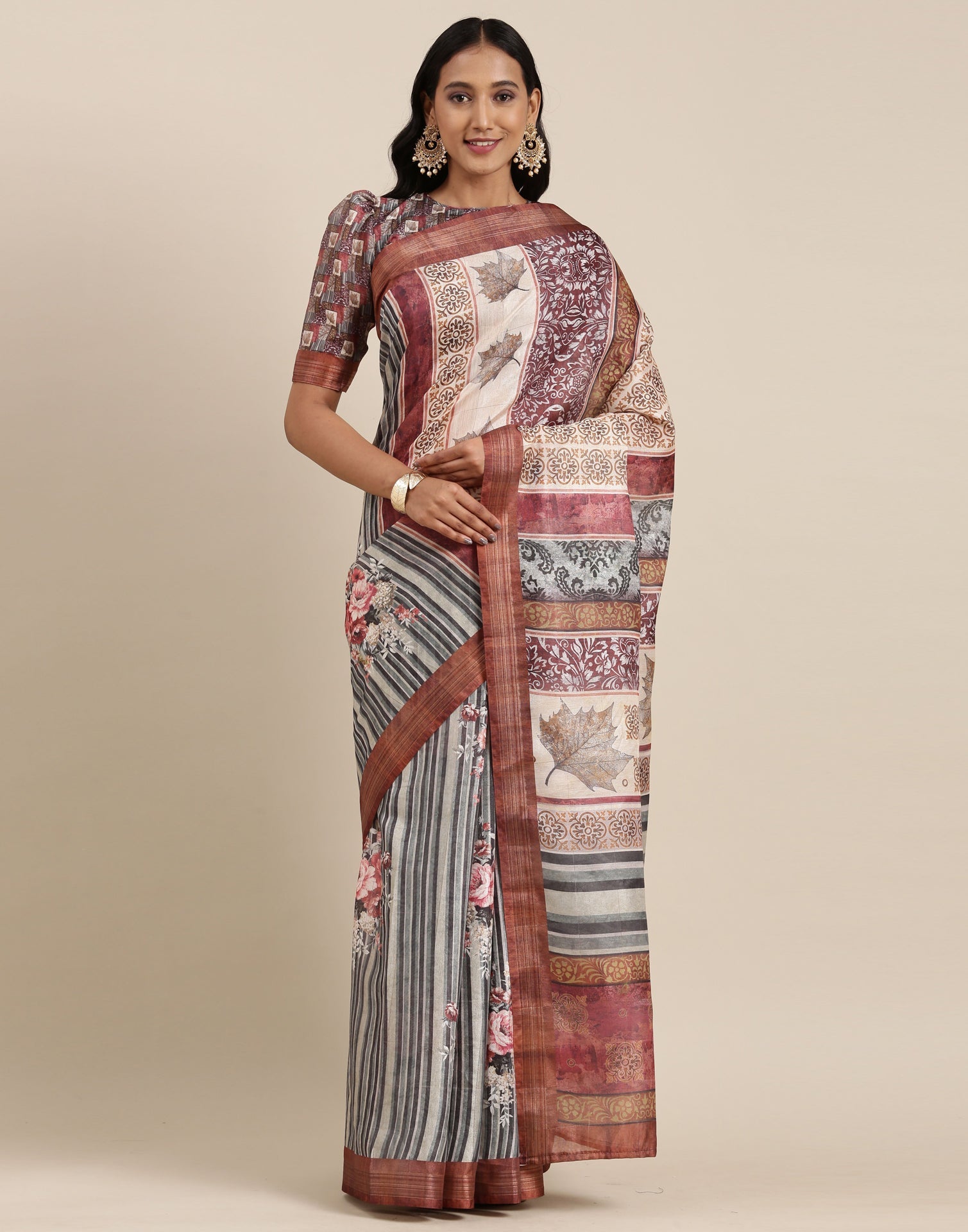 Dusty Green And Multicolored Viscose Saree