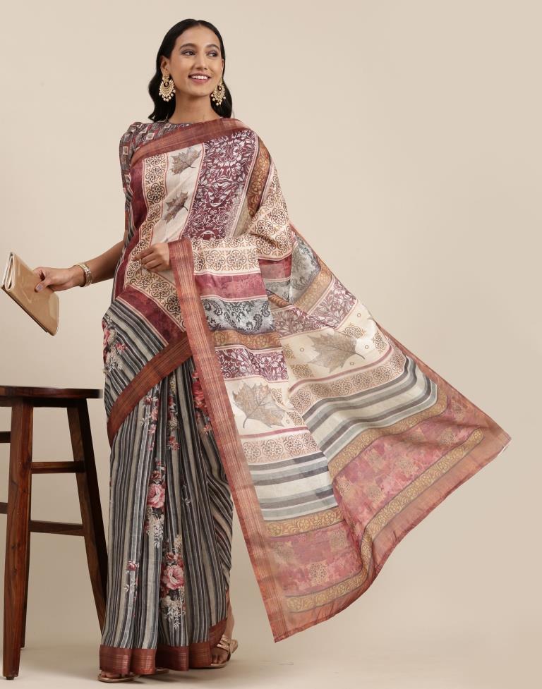 Dusty Green And Multicolored Viscose Saree