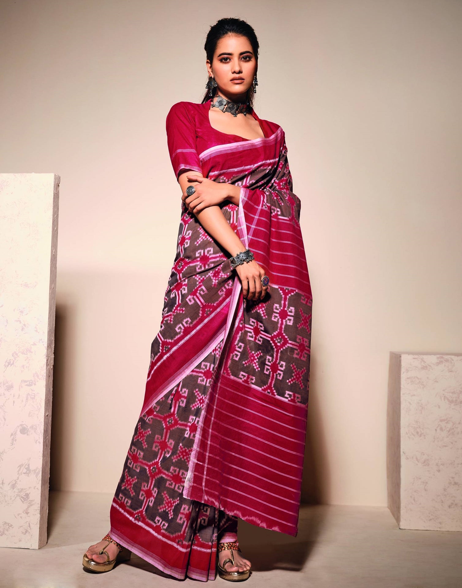 Cherry Red Cotton Saree