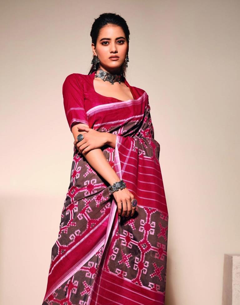 Cherry Red Cotton Saree