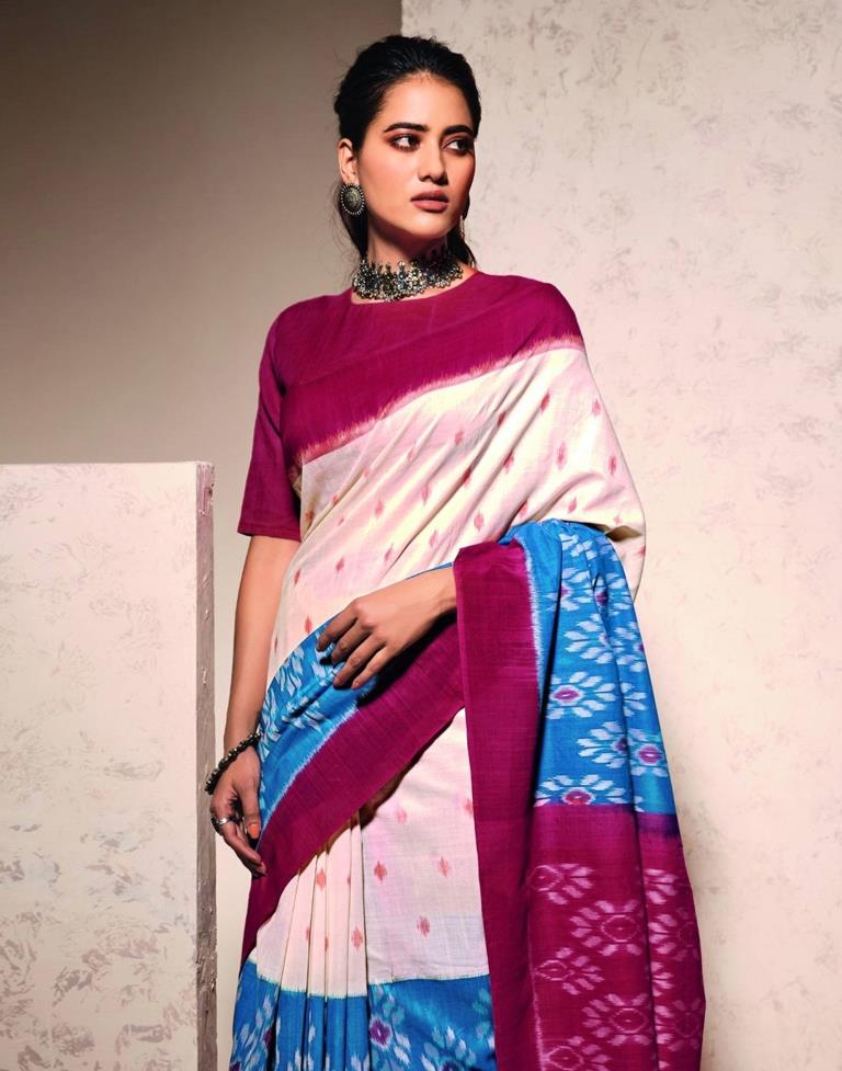 White And Blue Cotton Saree