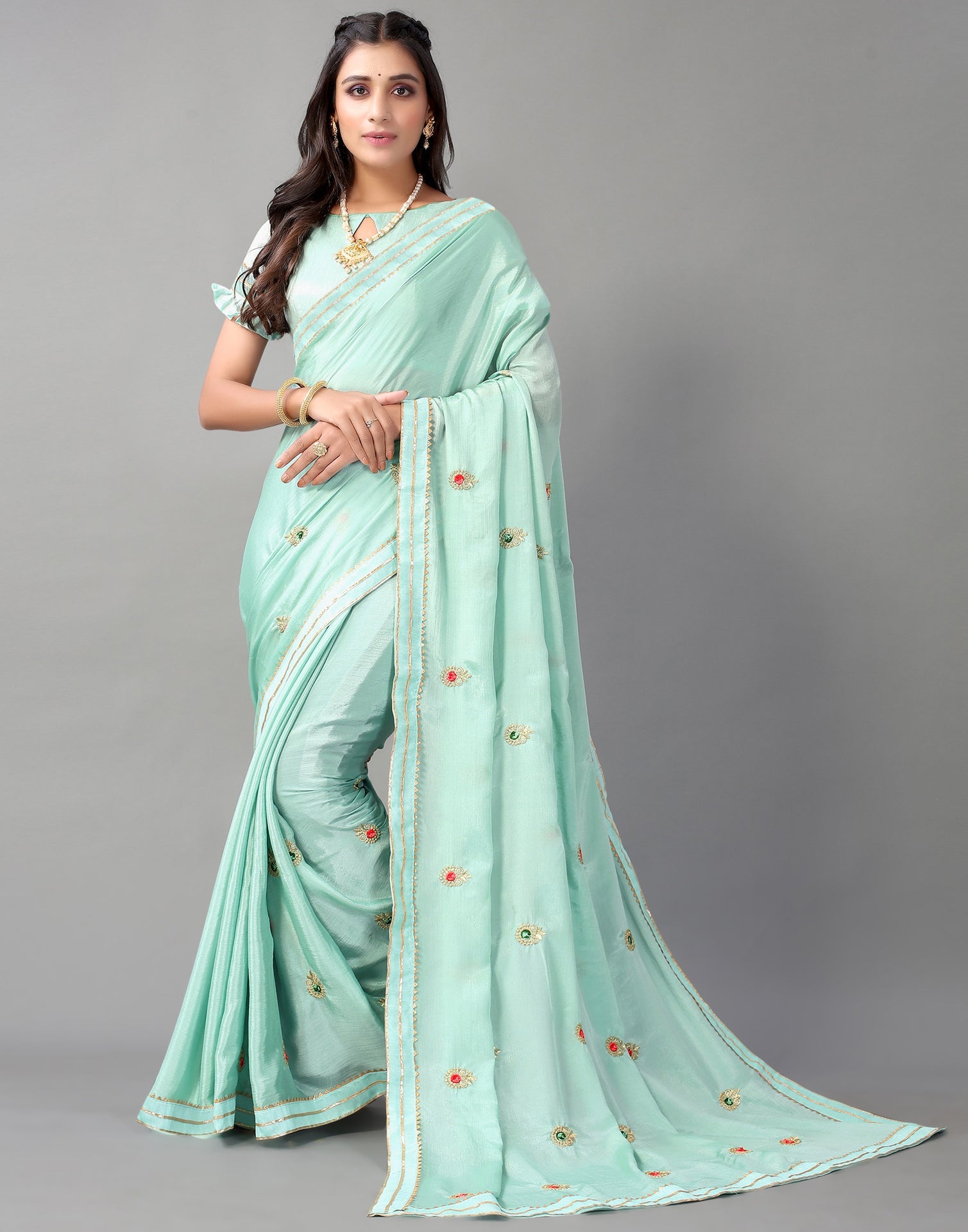 Aqua Green Chinon Saree