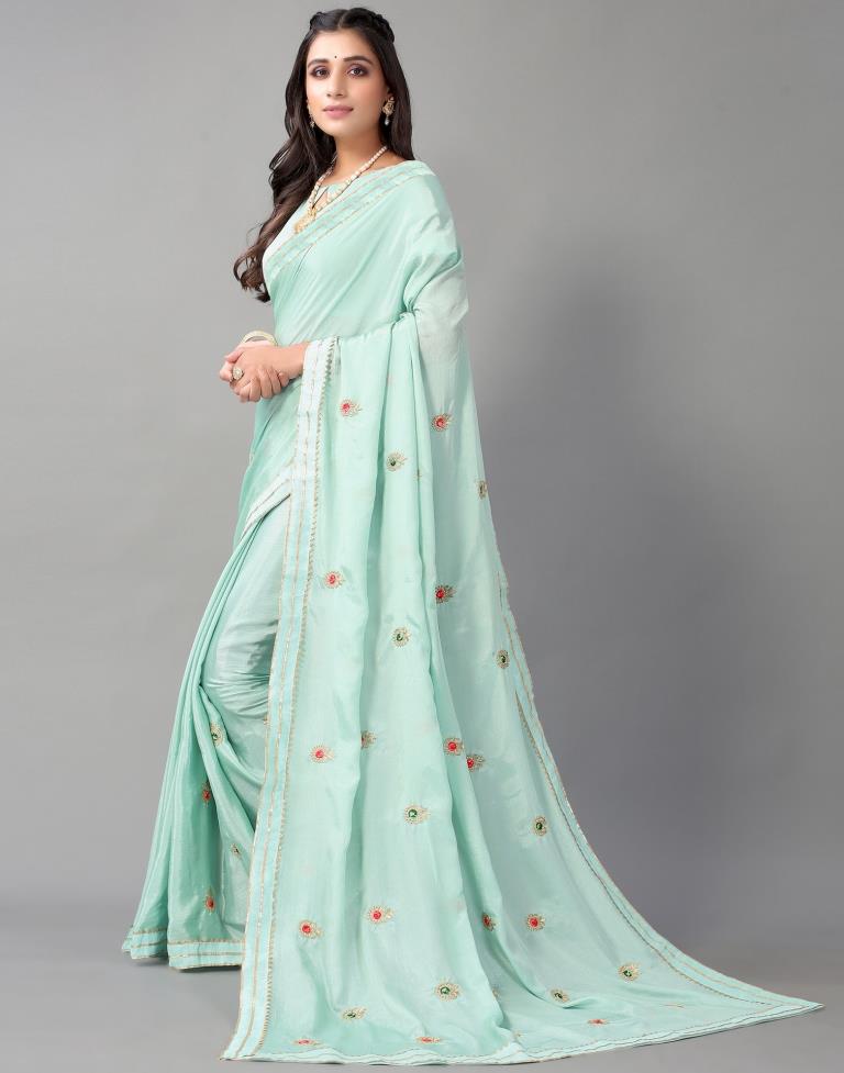 Aqua Green Chinon Saree