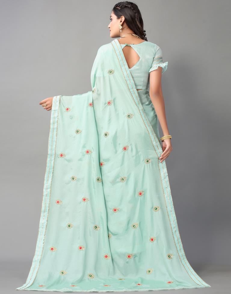 Aqua Green Chinon Saree