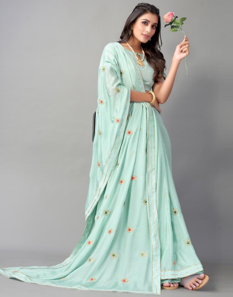 Aqua Green Chinon Saree