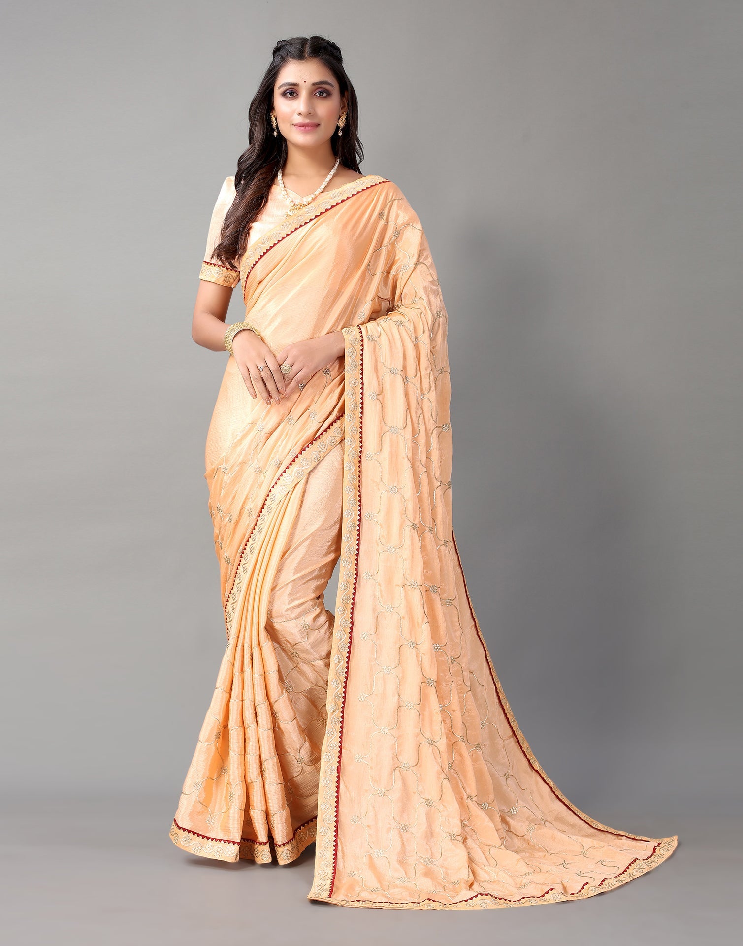 Peach Chinon Saree