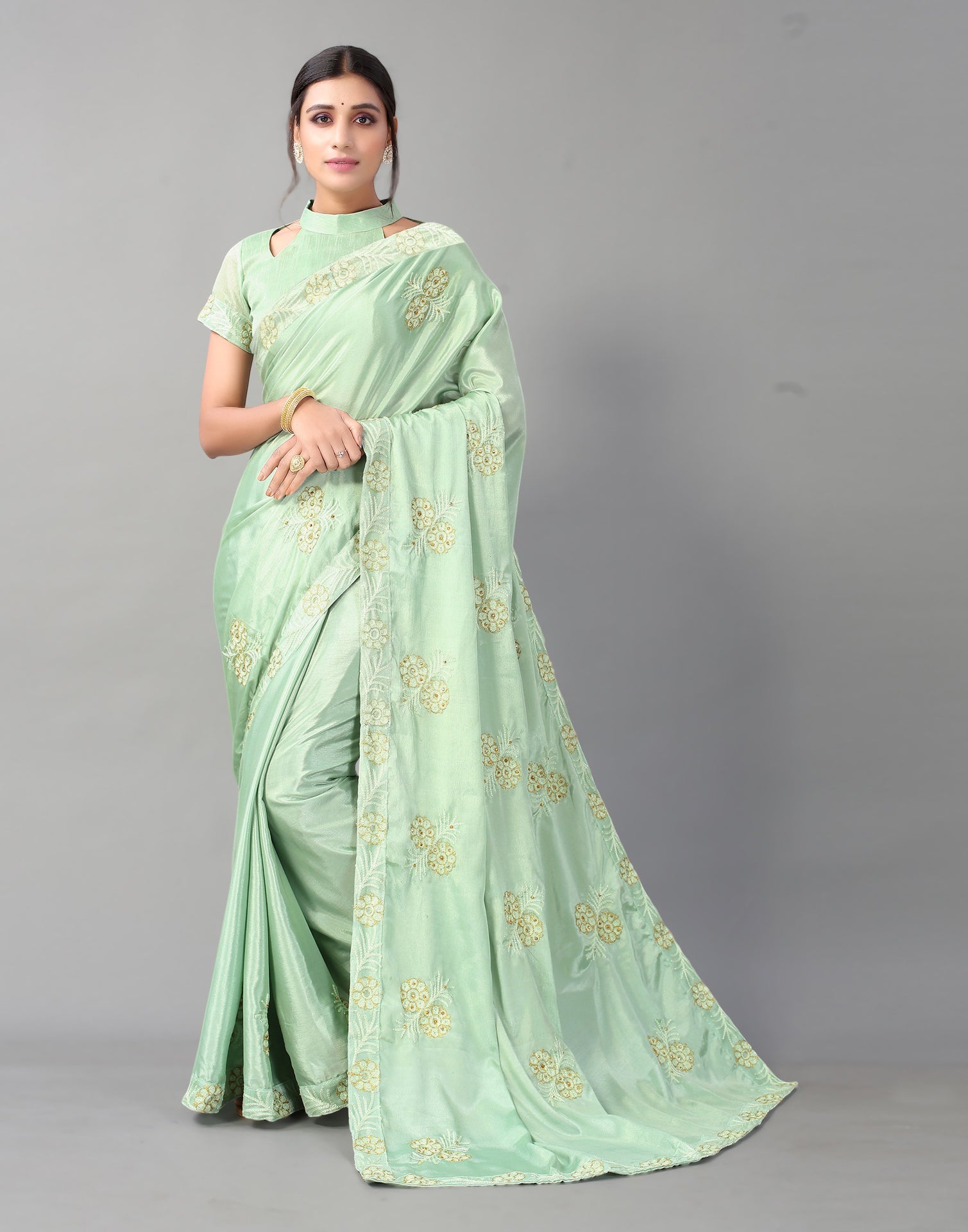 Pista Green Chinon Saree