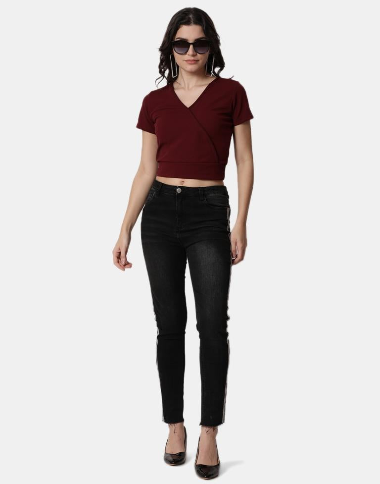 Maroon Colored Lycra Knitted Top | SLV237TK4074