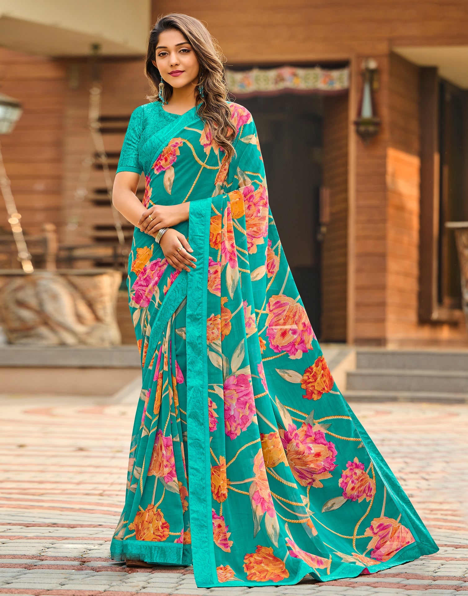 Turquoise Blue Floral Printed Saree