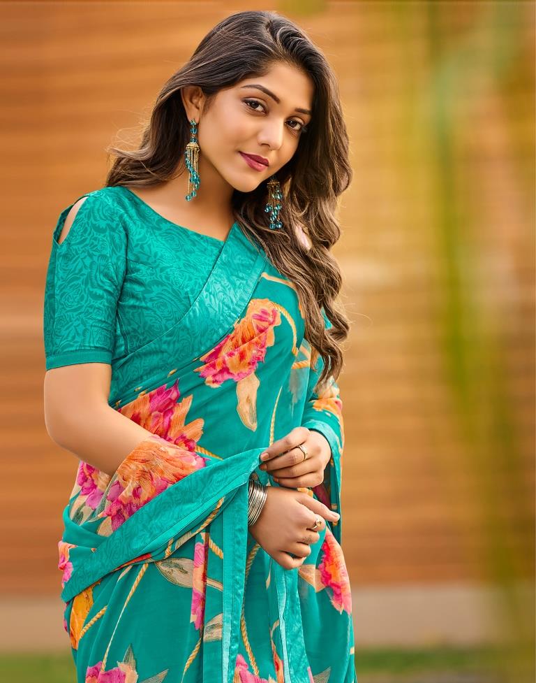 Turquoise Blue Floral Printed Saree