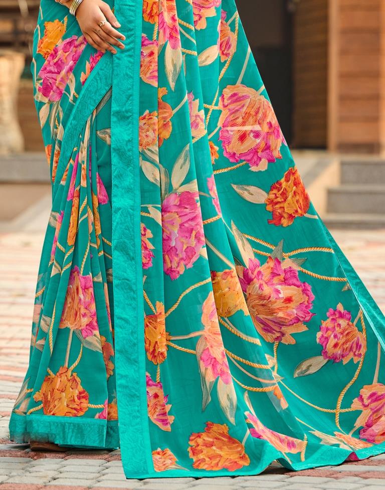Turquoise Blue Floral Printed Saree