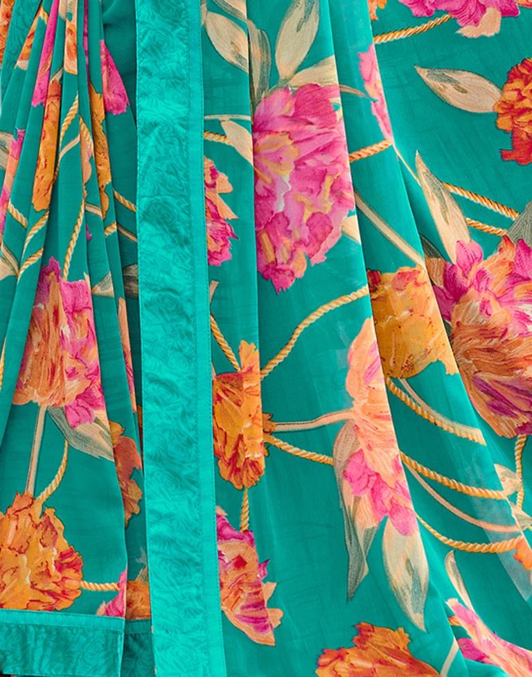 Turquoise Blue Floral Printed Saree