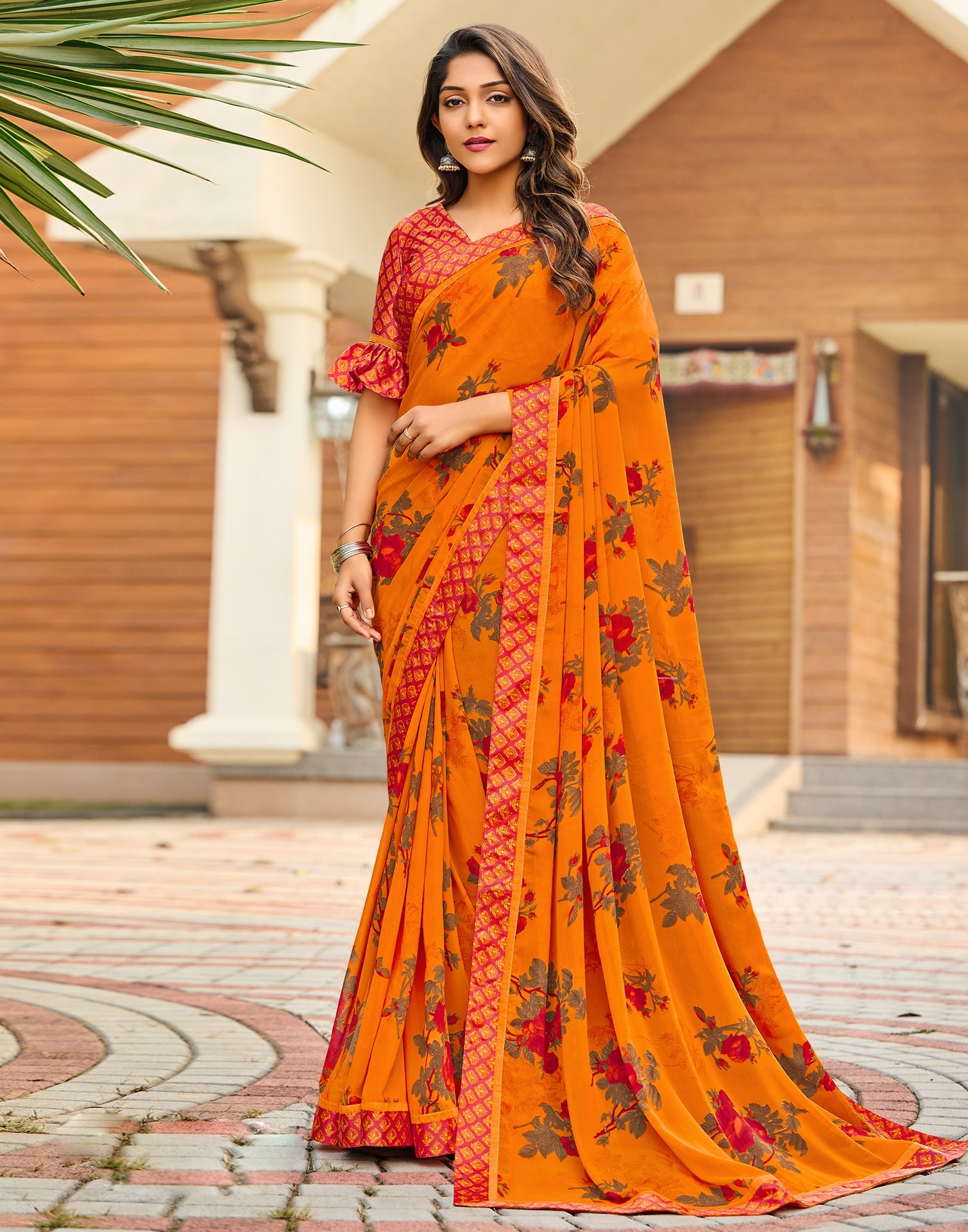 Orange Floral Printed Saree
