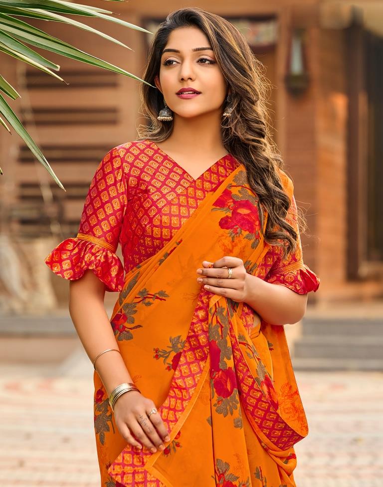 Orange Floral Printed Saree