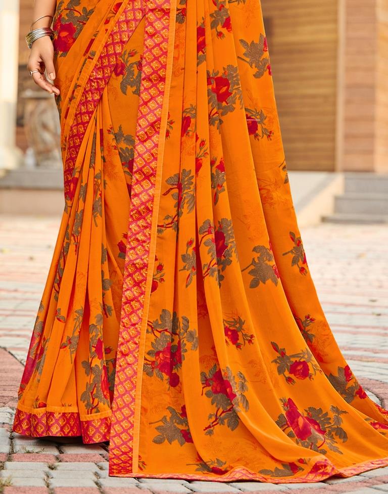Orange Floral Printed Saree