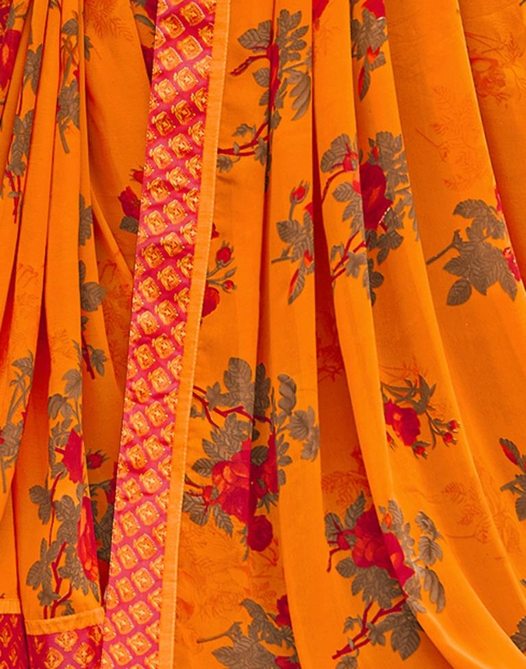 Orange Floral Printed Saree