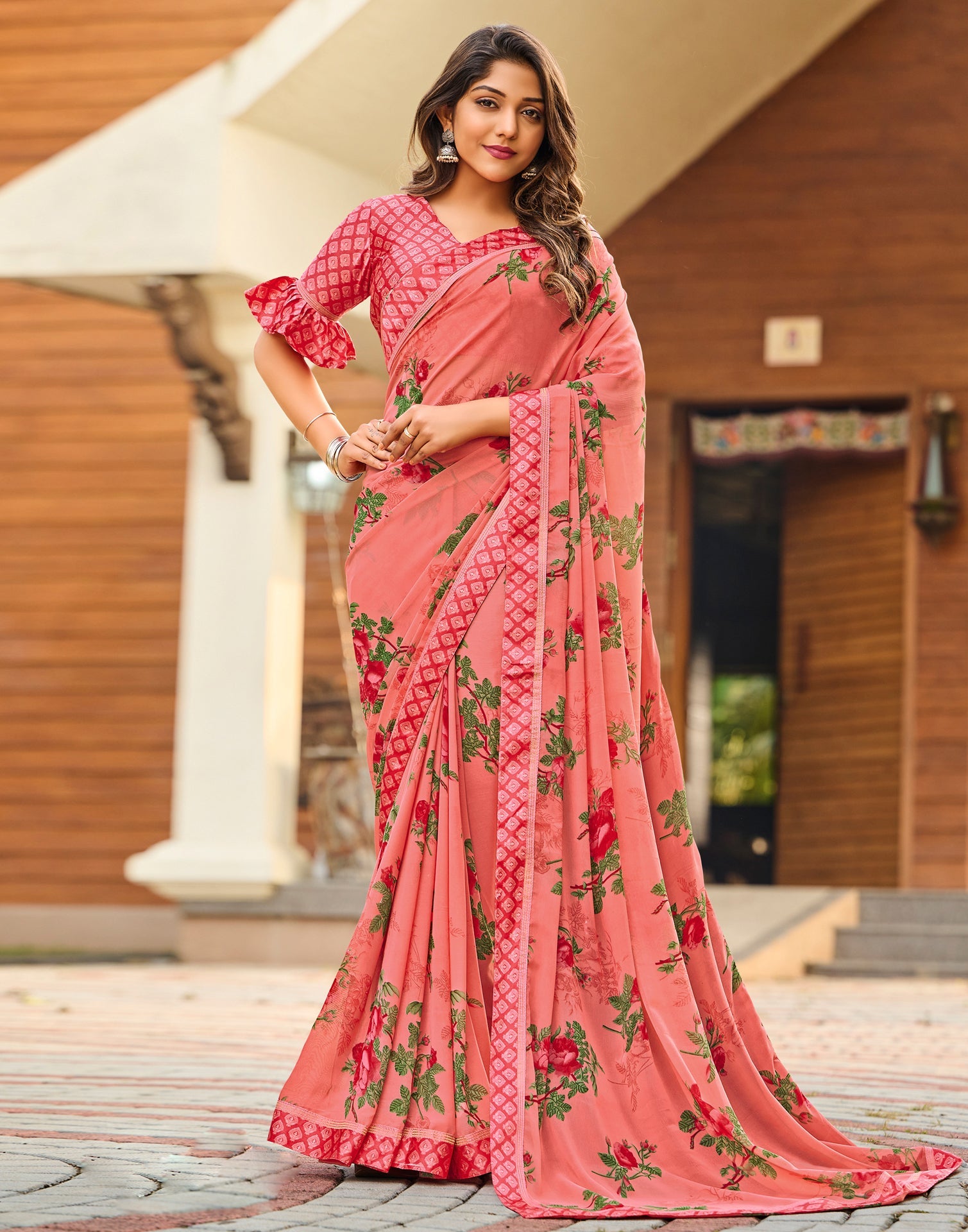 Watermelon Pink Floral Printed Saree