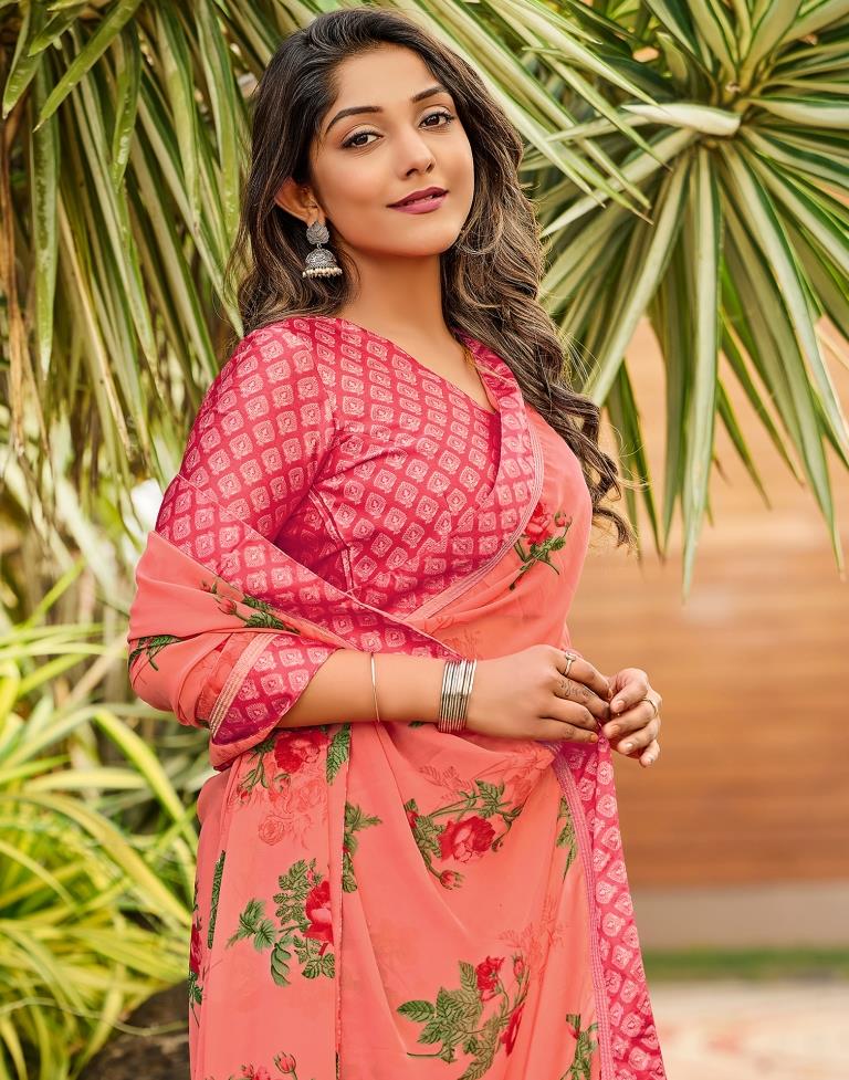 Watermelon Pink Floral Printed Saree