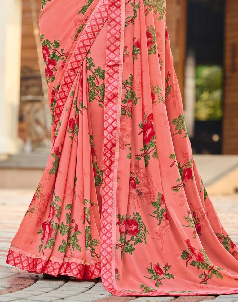 Watermelon Pink Floral Printed Saree