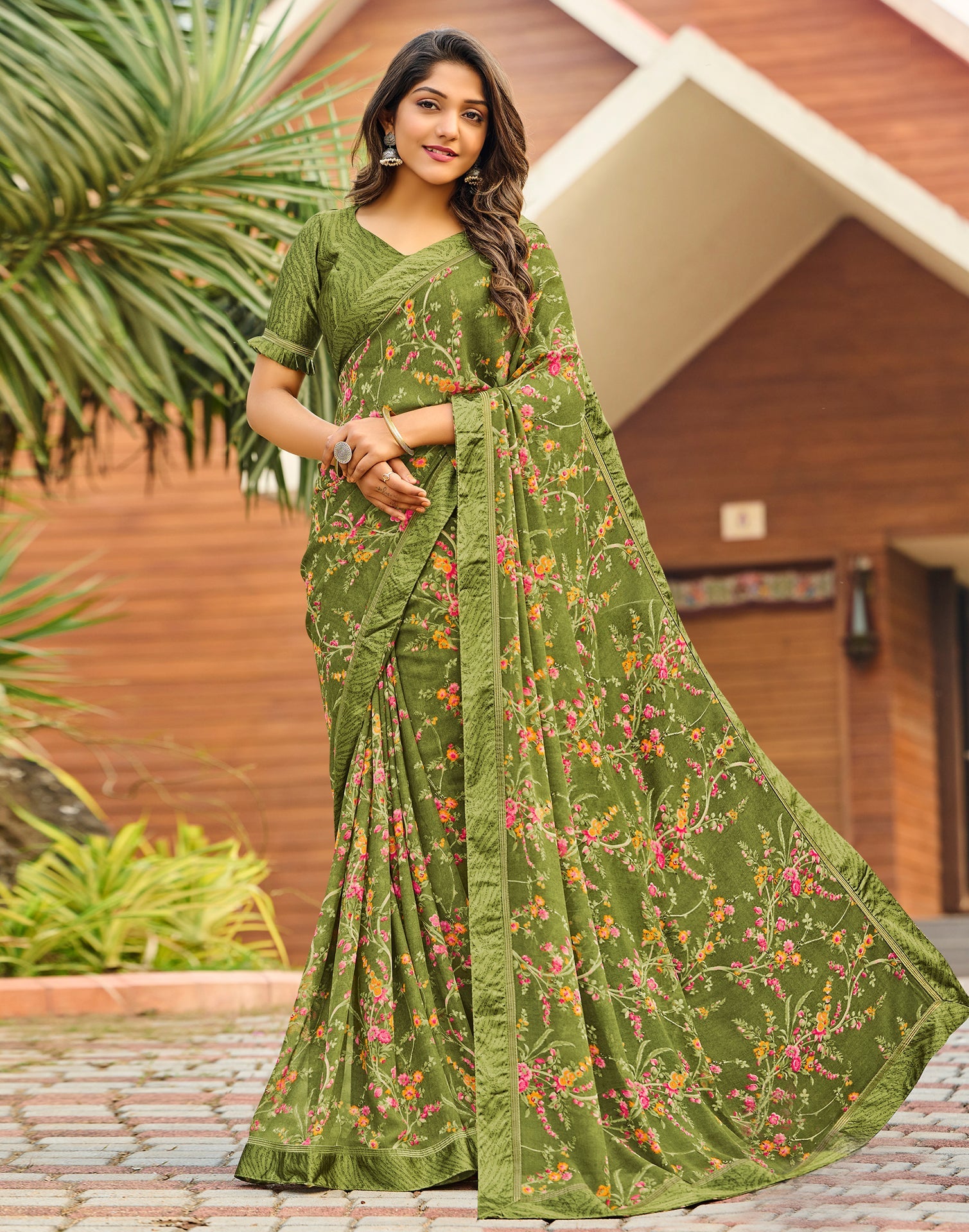 Olive Green Floral Printed Saree