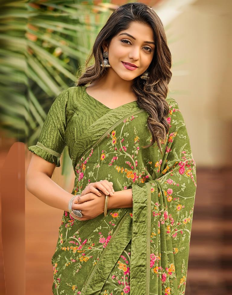 Olive Green Floral Printed Saree
