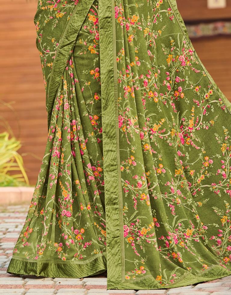 Olive Green Floral Printed Saree
