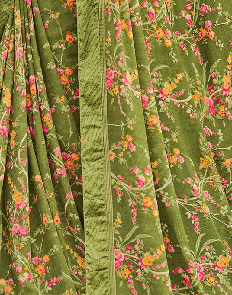 Olive Green Floral Printed Saree