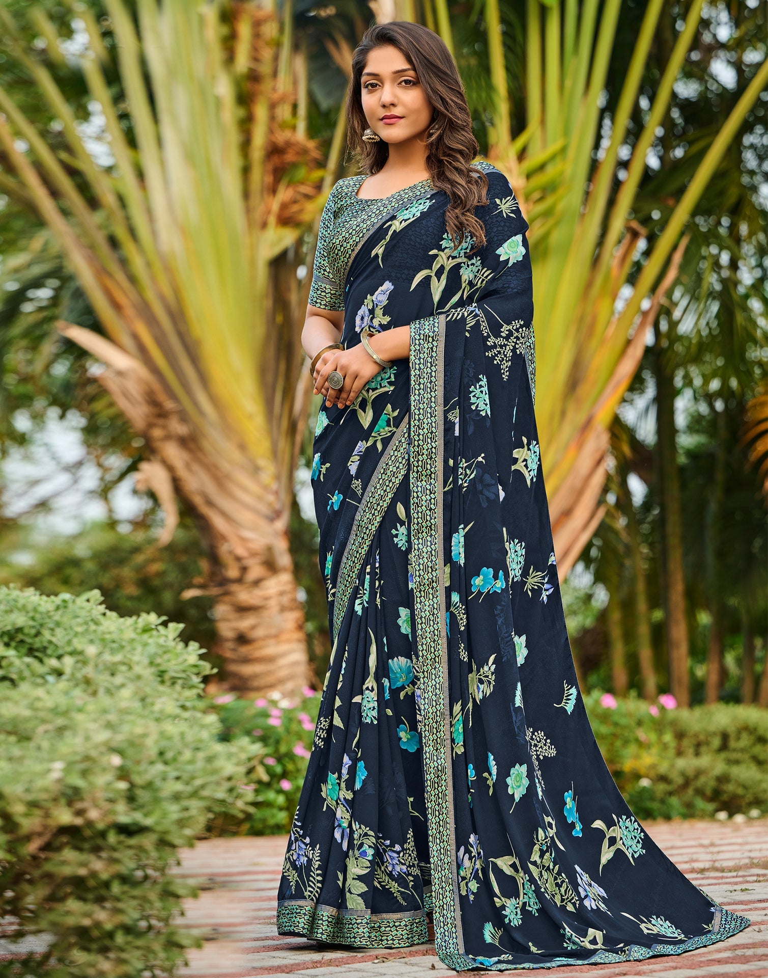 Navy Blue Floral Printed Saree