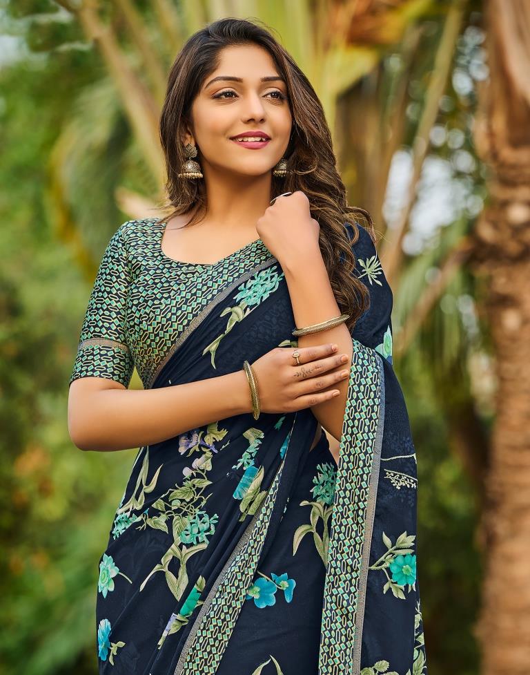 Navy Blue Floral Printed Saree
