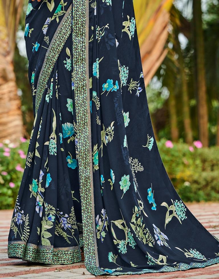 Navy Blue Floral Printed Saree