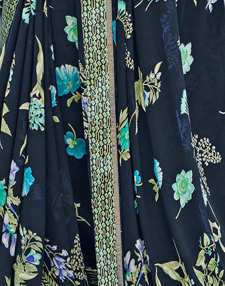 Navy Blue Floral Printed Saree
