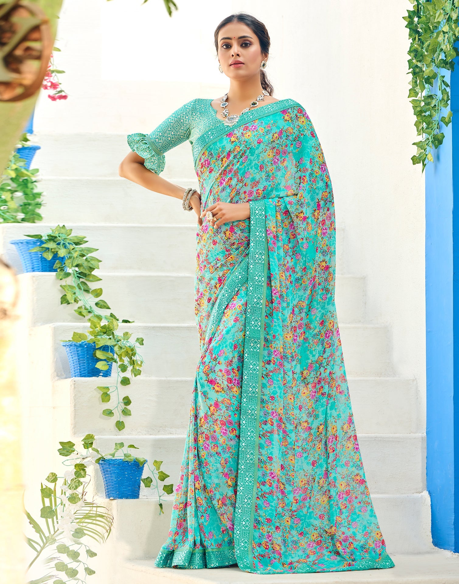 Aqua Blue Floral Printed Saree